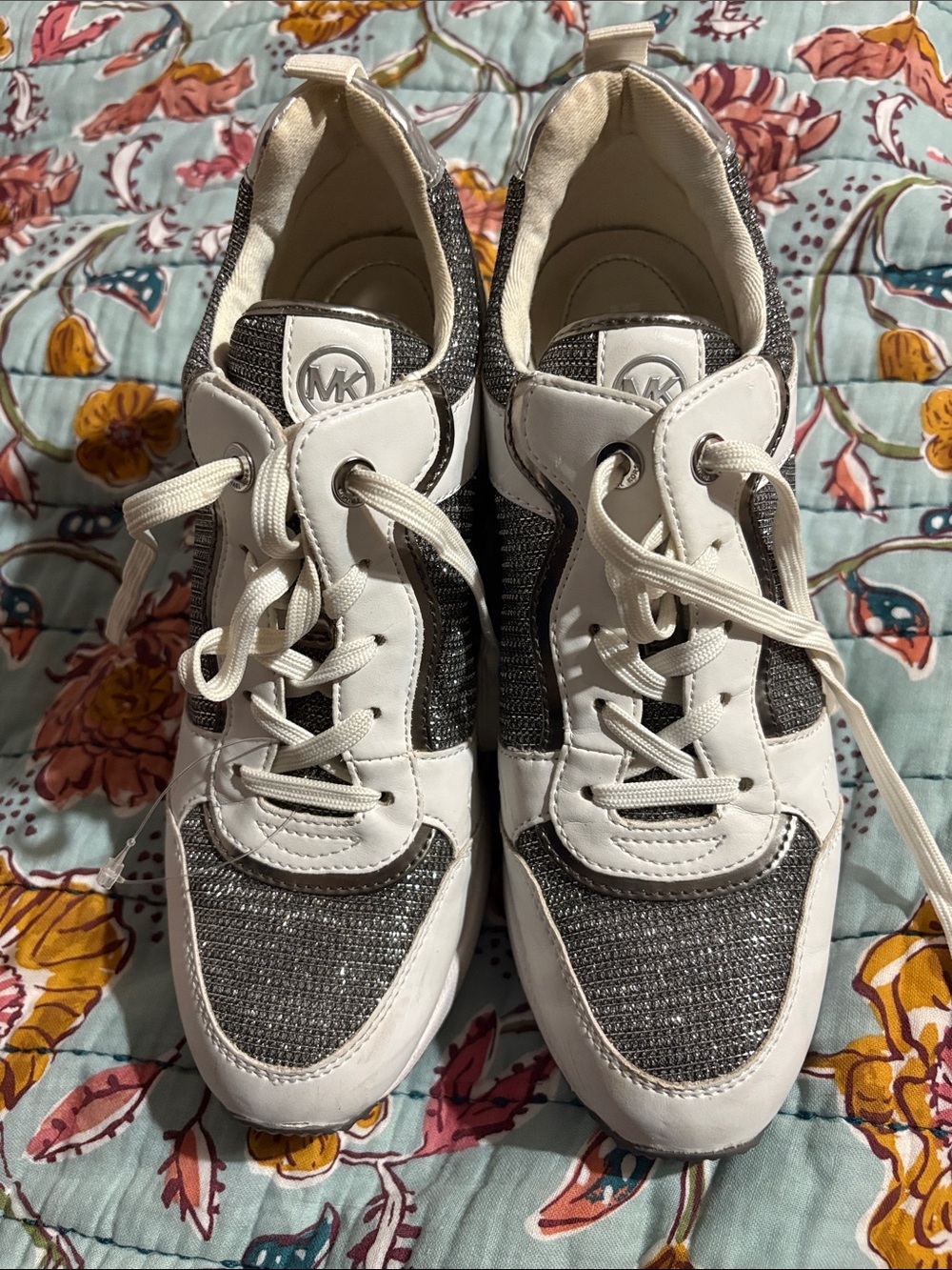 Michael Kors White and Silver Glitter Lace-Up Sneakers size 8.